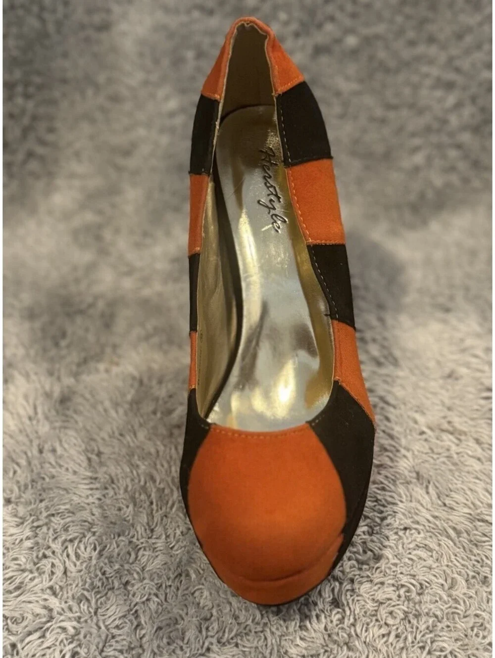 Brander Women’s 8 Platform Pumps Orange Black Colorblock Faux Suede Stiletto